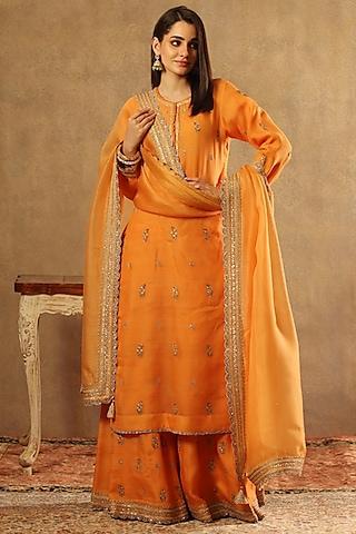 marigold orange handwoven katan silk embroidered kurta set