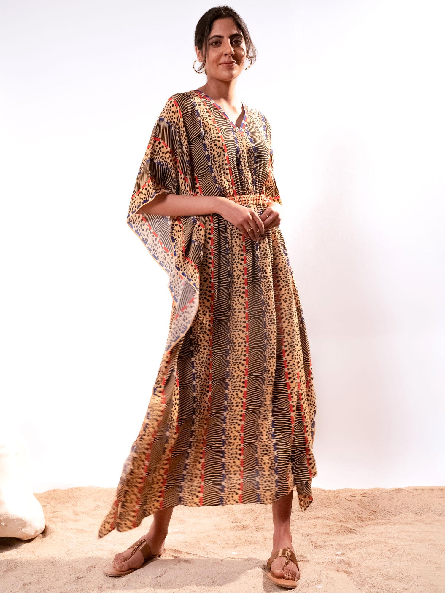 marigold animal print silk flared sleeves kaftan dress