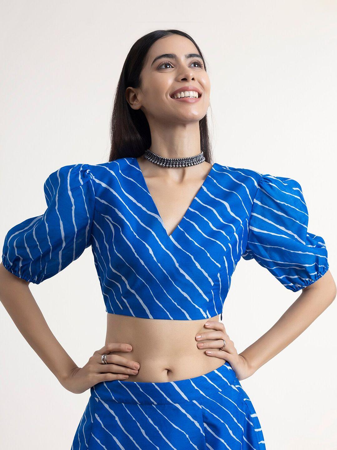 marigold by fablestreet blue print wrap crop top