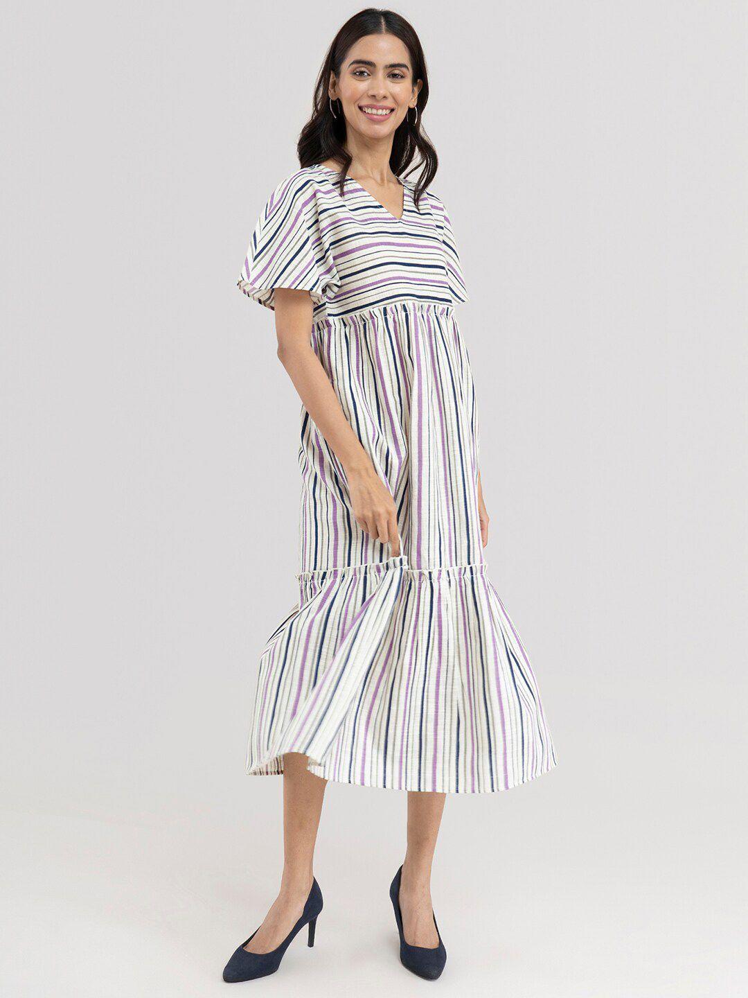 marigold by fablestreet cream-coloured & purple striped tiered midi dress