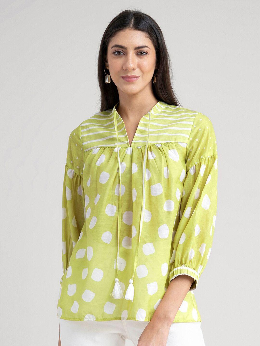 marigold by fablestreet lime green print tie-up neck top