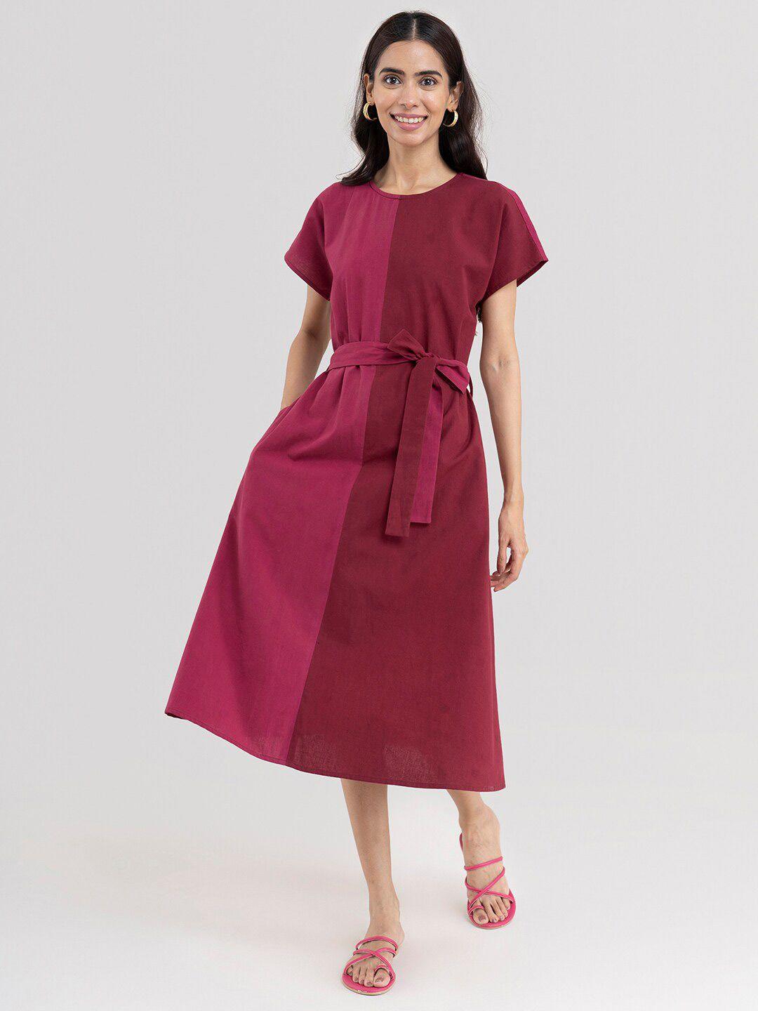 marigold by fablestreet maroon & pink colourblocked a-line midi dress