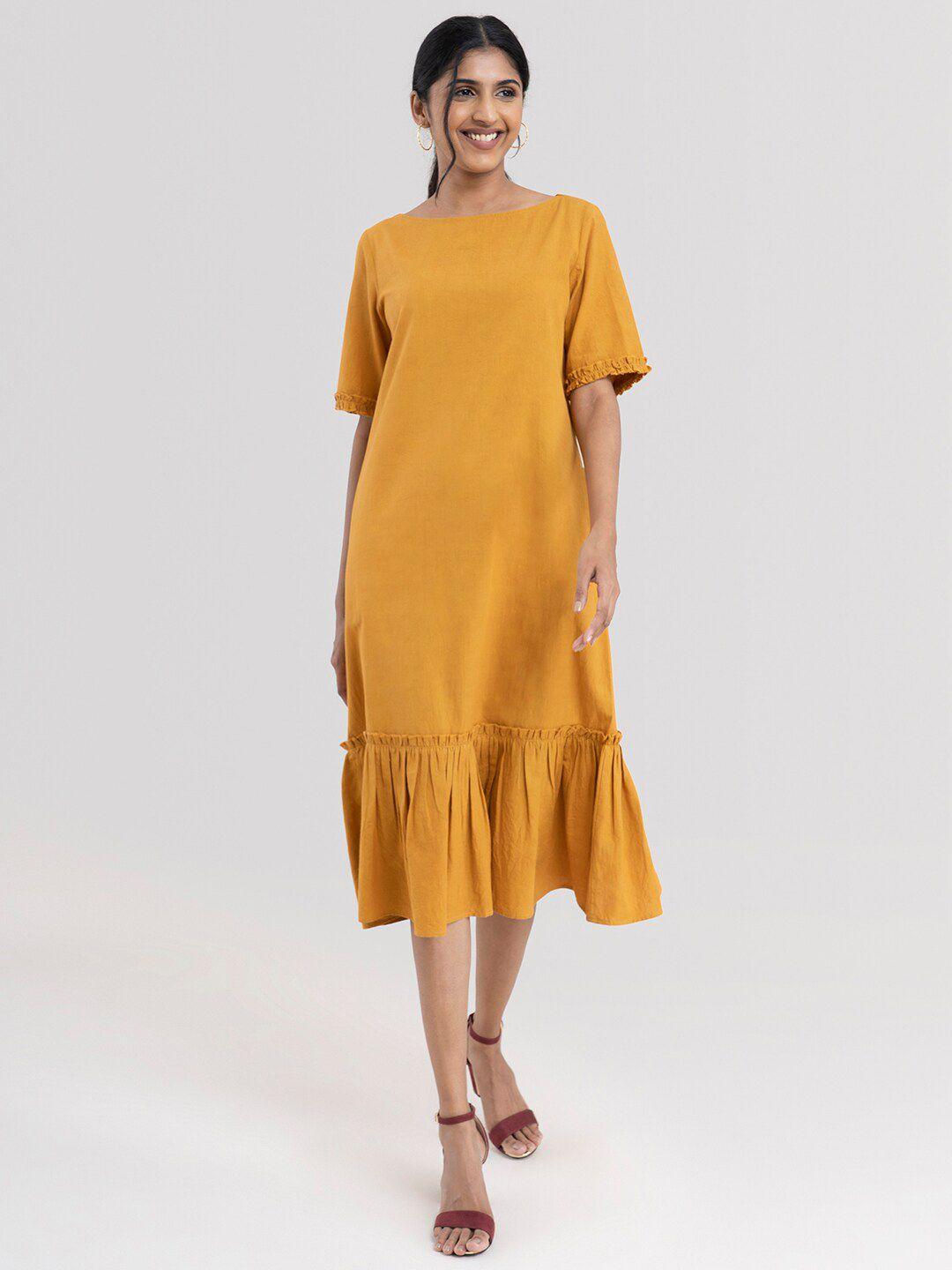 marigold by fablestreet mustard yellow cotton a-line midi dress