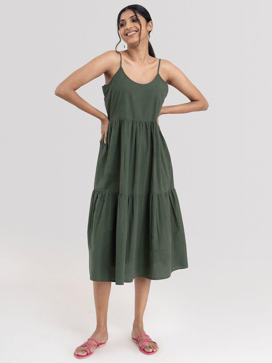 marigold by fablestreet olive green tiered cotton a-line midi dress