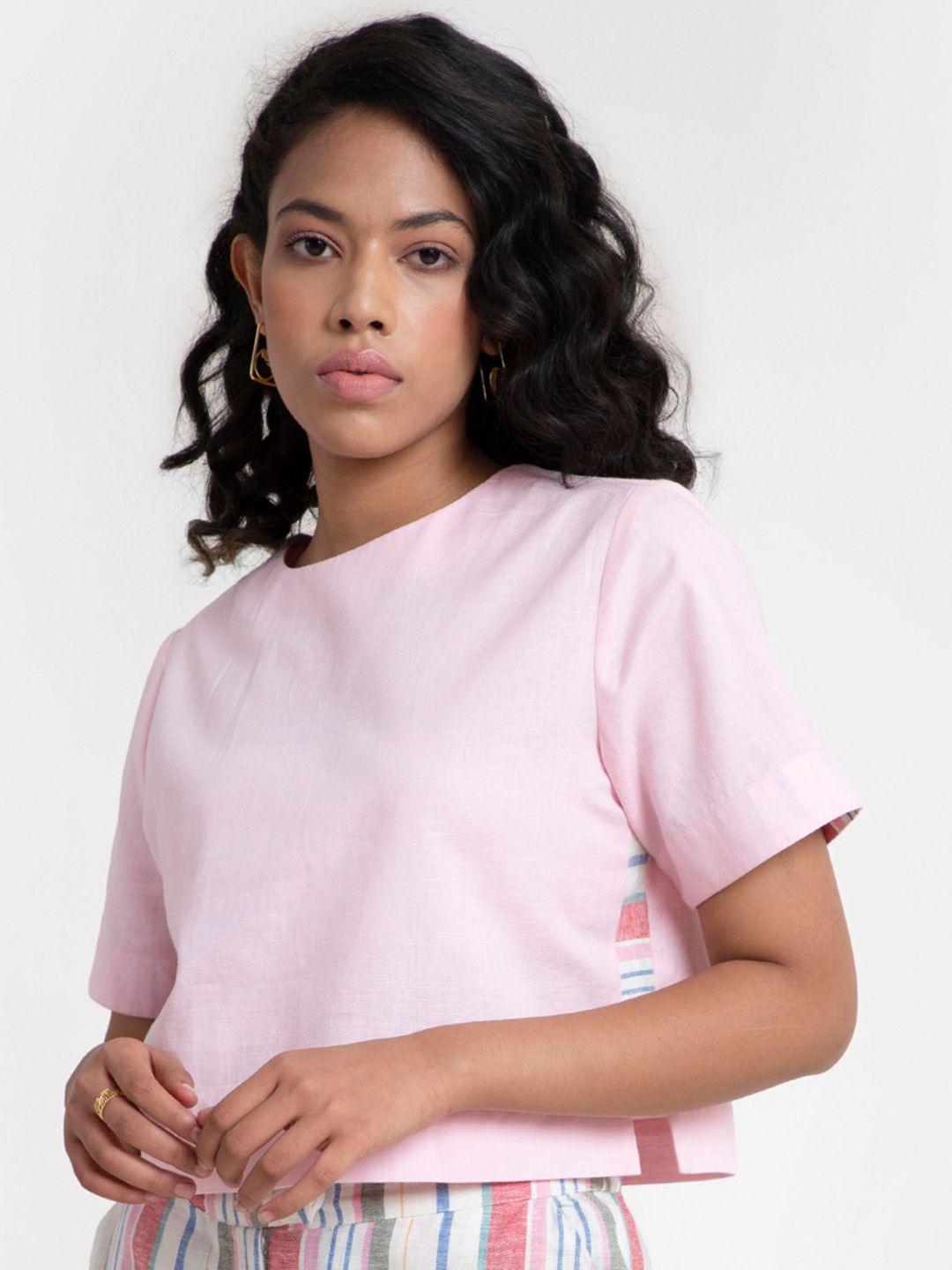 marigold by fablestreet pink solid pure cotton crop top