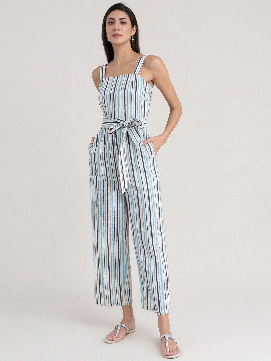marigold by fablestreet white & blue striped basic jumpsuit