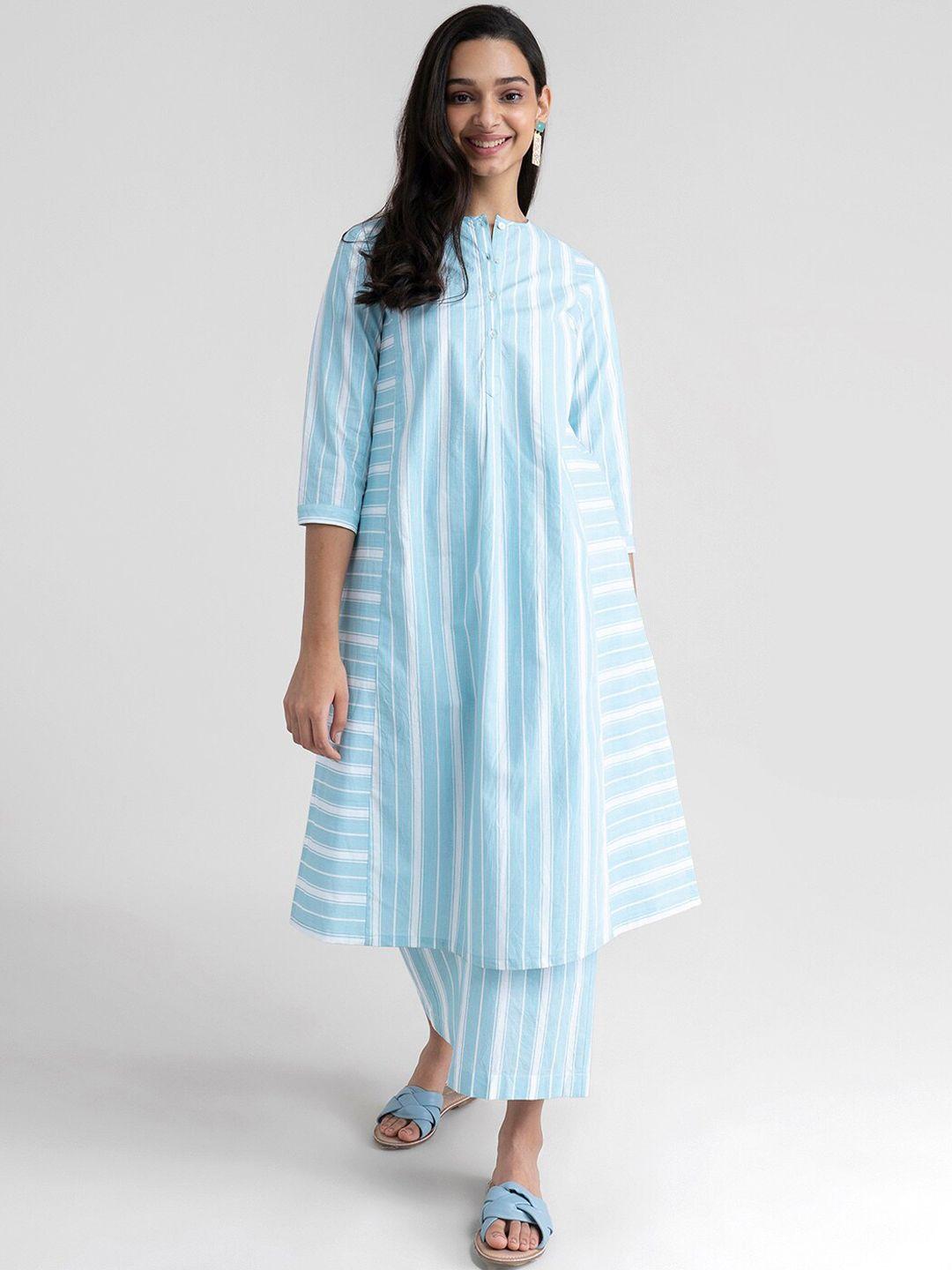 marigold by fablestreet women blue striped mirror work khadi kurta