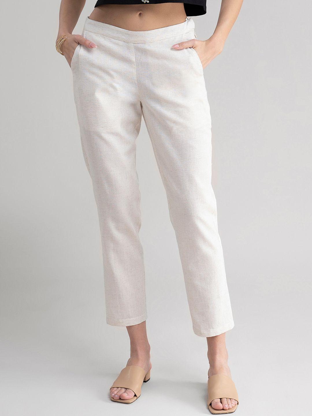 marigold by fablestreet women cream-coloured comfort tapered fit easy wash trousers