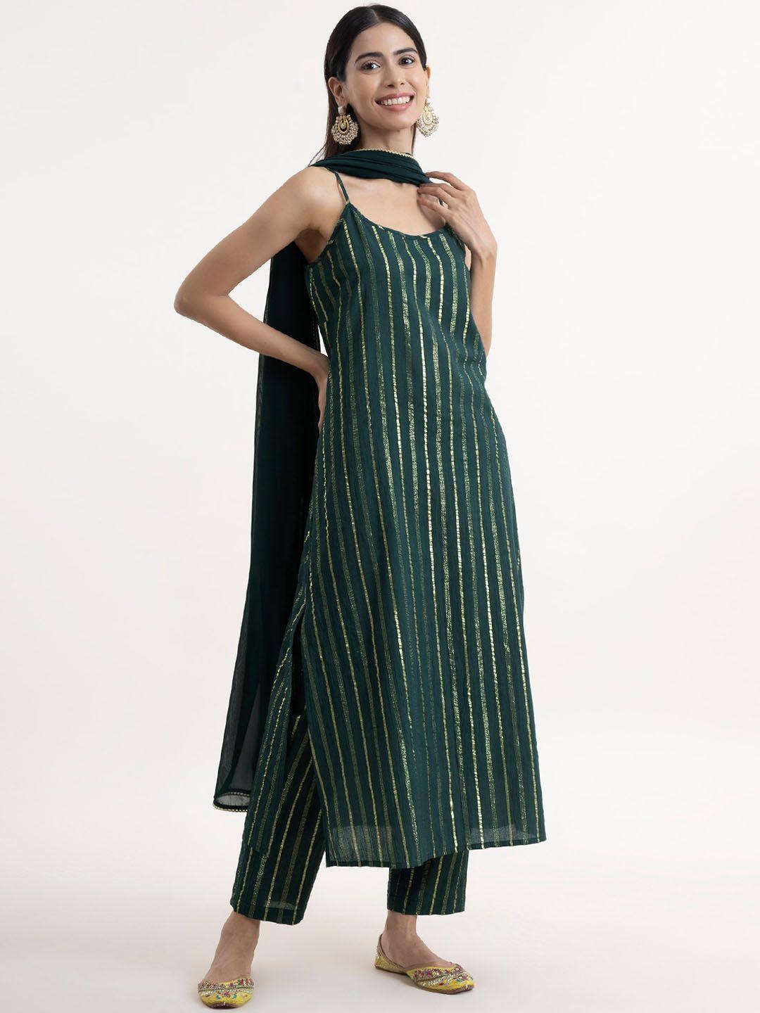 marigold by fablestreet women green striped kurta with trousers & with dupatta