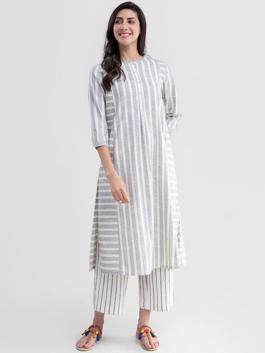 marigold by fablestreet women off white striped panelled pure cotton kurta with trousers