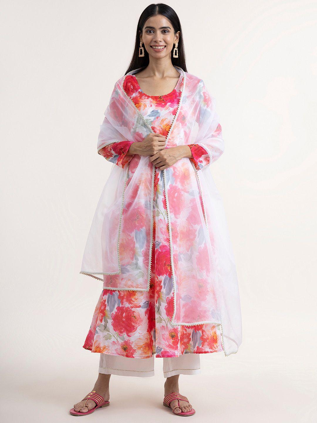 marigold by fablestreet women pink floral printed kurta with palazzos & with dupatta