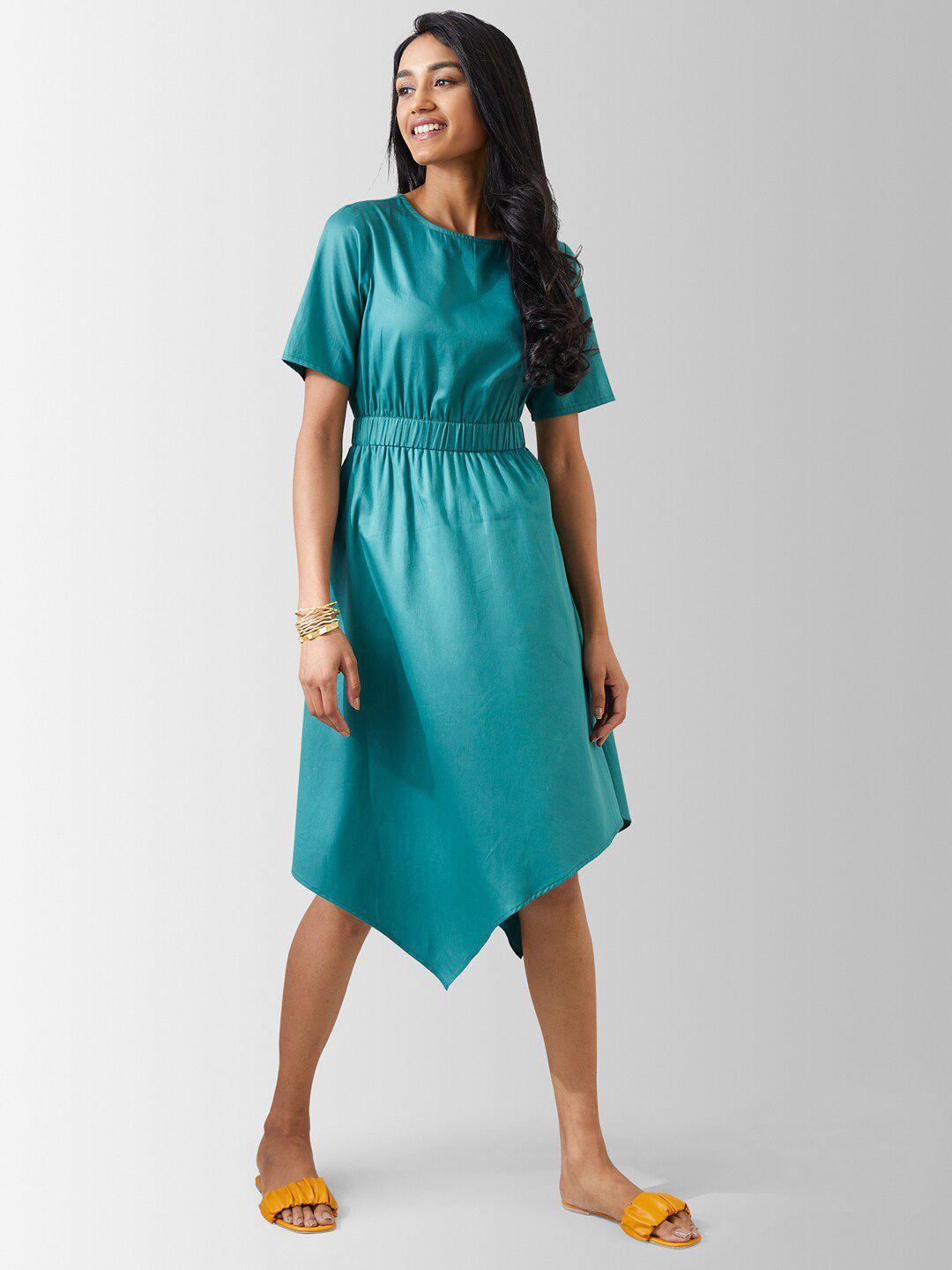 marigold by fablestreet women teal solid fit & flare midi cotton dress