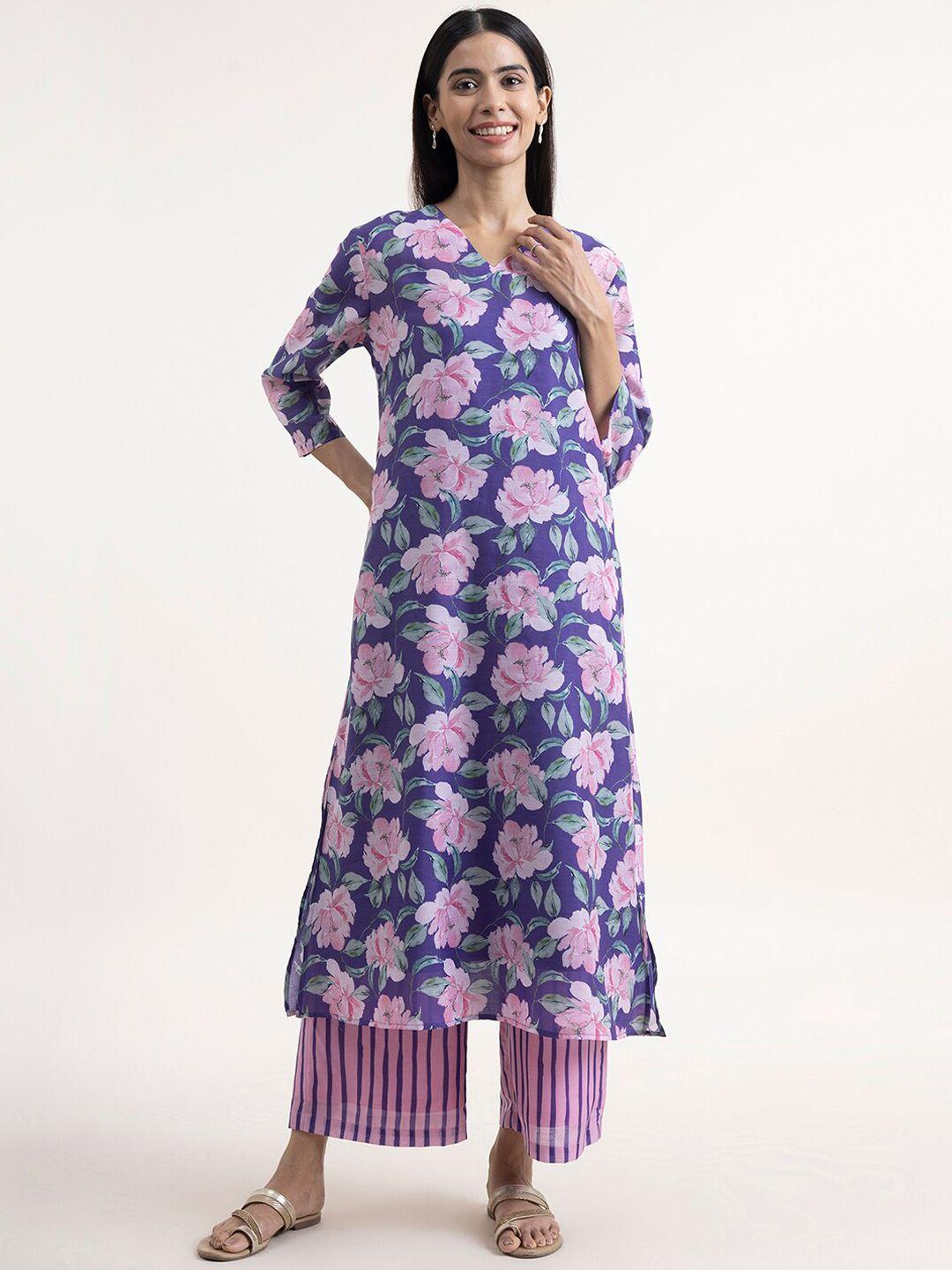 marigold by fablestreet women violet floral printed kurta with palazzos
