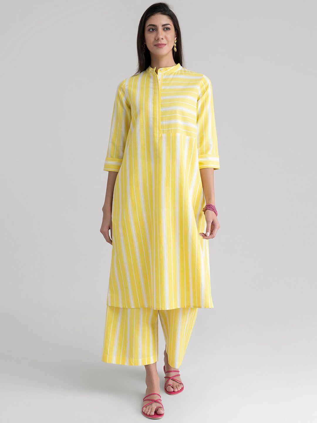 marigold by fablestreet women yellow ethnic motifs striped khadi kurta