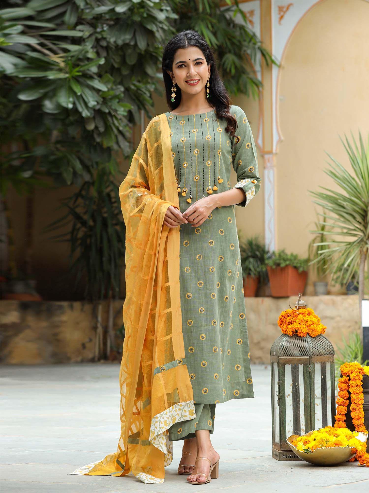 marigold cotton suit with dupatta (set of 3)