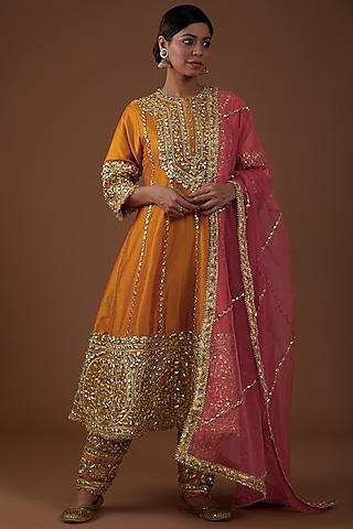 marigold dupion silk hand embroidered anarkali set