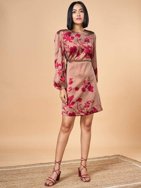 marigold lane beige & pink printed a-line dress