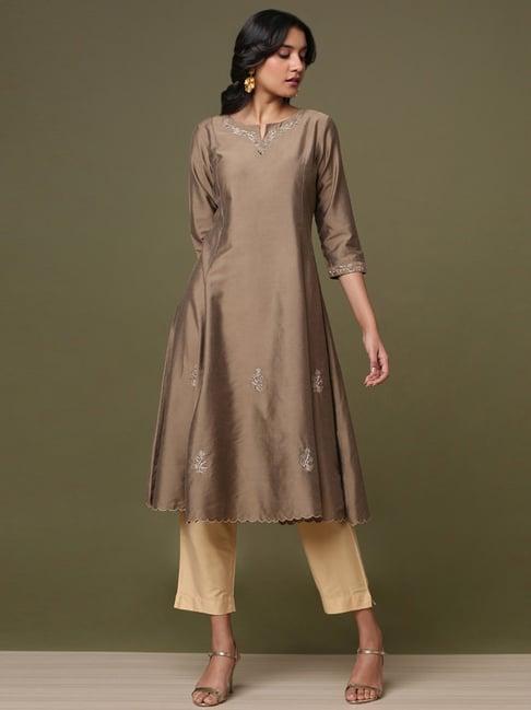 marigold lane beige embroidered a line kurta