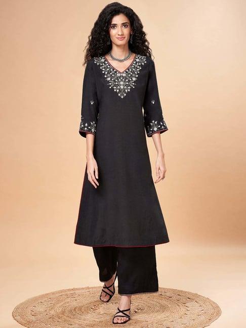 marigold lane black embroidered a line kurta