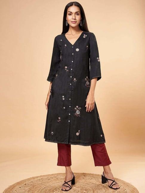 marigold lane black embroidered fit & flare kurta