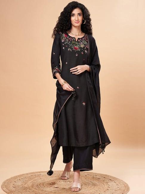 marigold lane black linen embroidered kurta palazzo set with dupatta