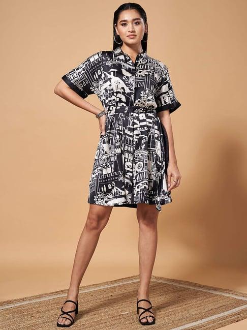 marigold lane black printed a-line dress