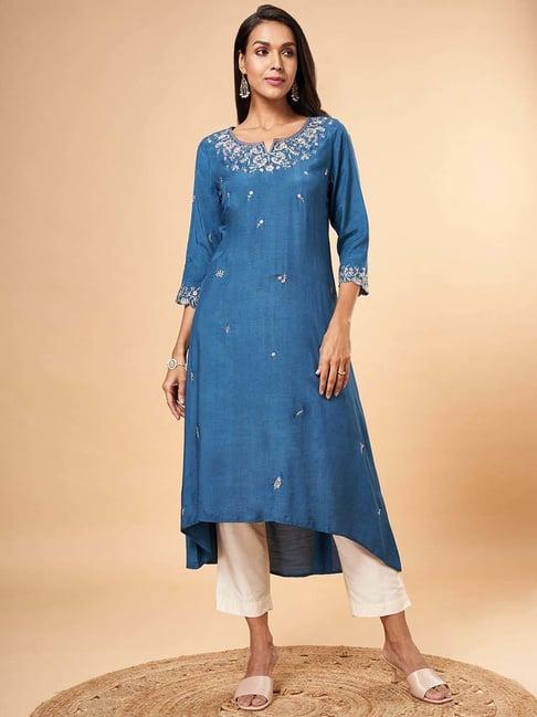 marigold lane blue embroidered high low kurta