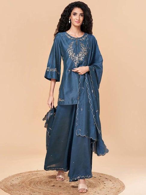 marigold lane blue embroidered short kurti palazzo set with dupatta