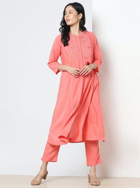 marigold lane coral embroidered kurta pant set