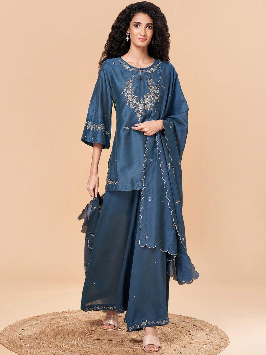 marigold lane ethnic motifs embroidered chanderi silk kurti with palazzos & dupatta