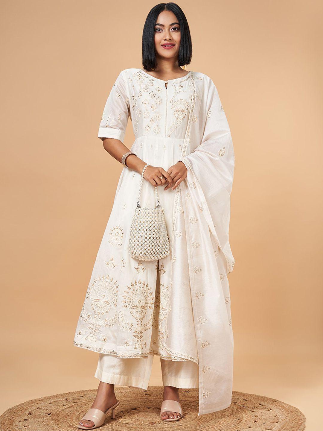 marigold lane ethnic motifs embroidered thread work anarkali kurta & palazzos with dupatta