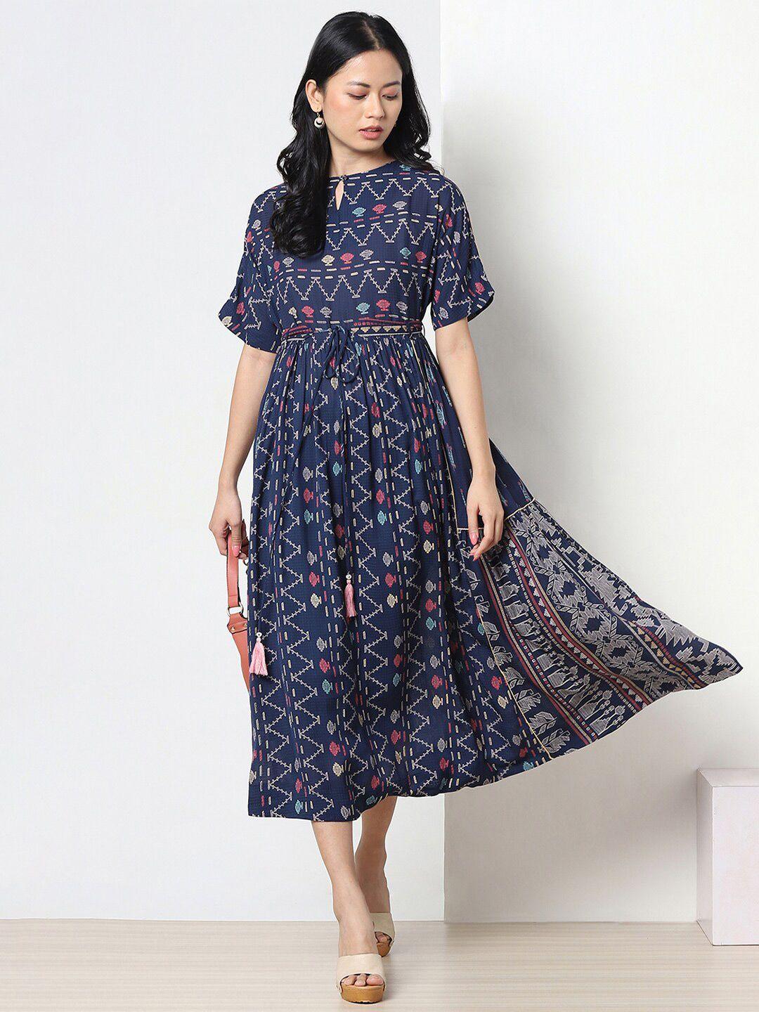marigold lane ethnic motifs printed extended sleeves casual fit & flare midi dress