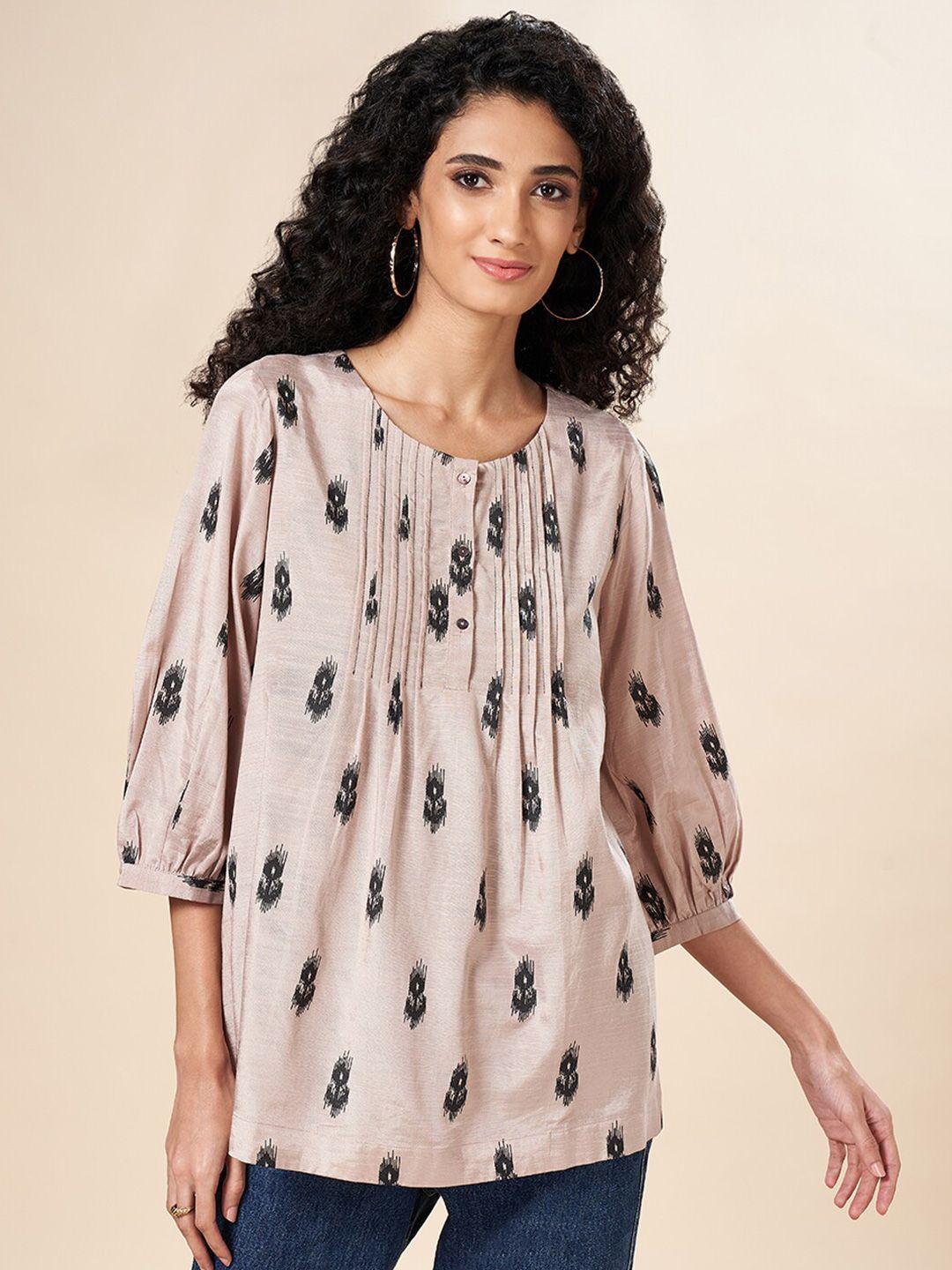 marigold lane ethnic motifs printed pleated round neck cotton top