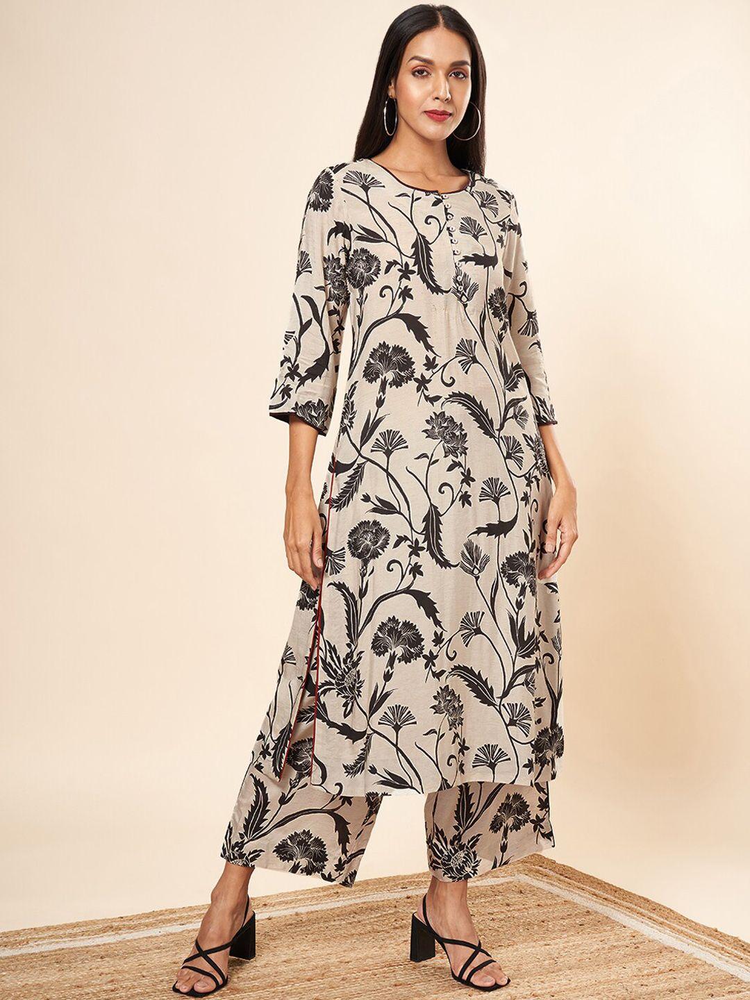 marigold lane ethnic motifs printed regular linen kurta with trousers