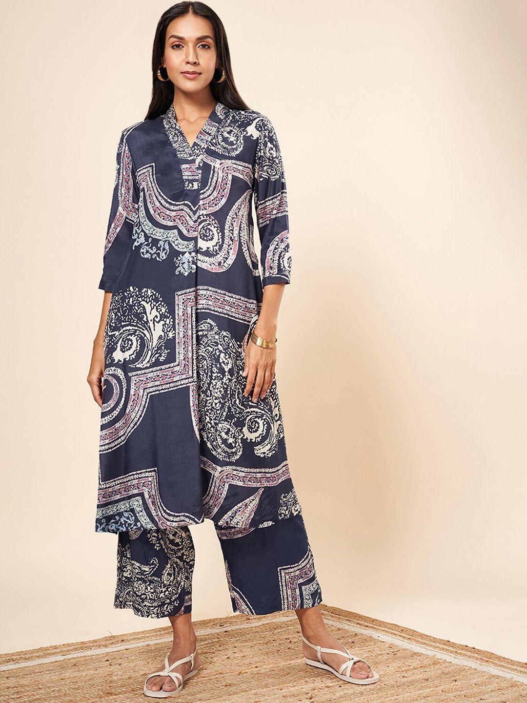 marigold lane ethnic motifs printed regular linen kurta with trousers