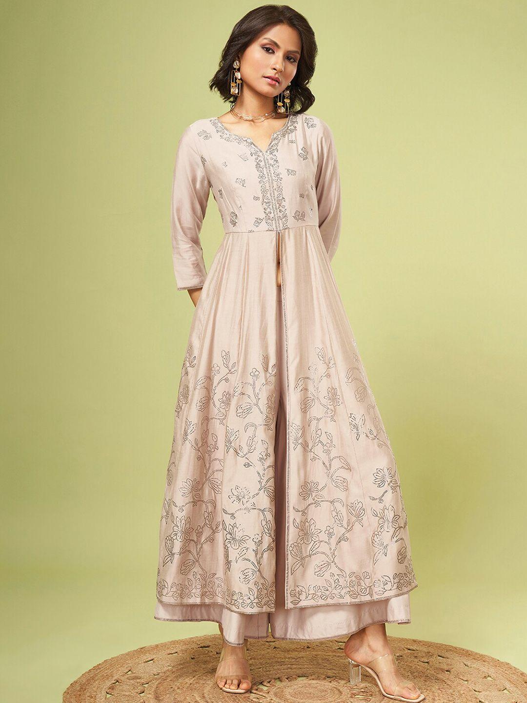 marigold lane floral embroidered empire kurta & trousers with dupatta