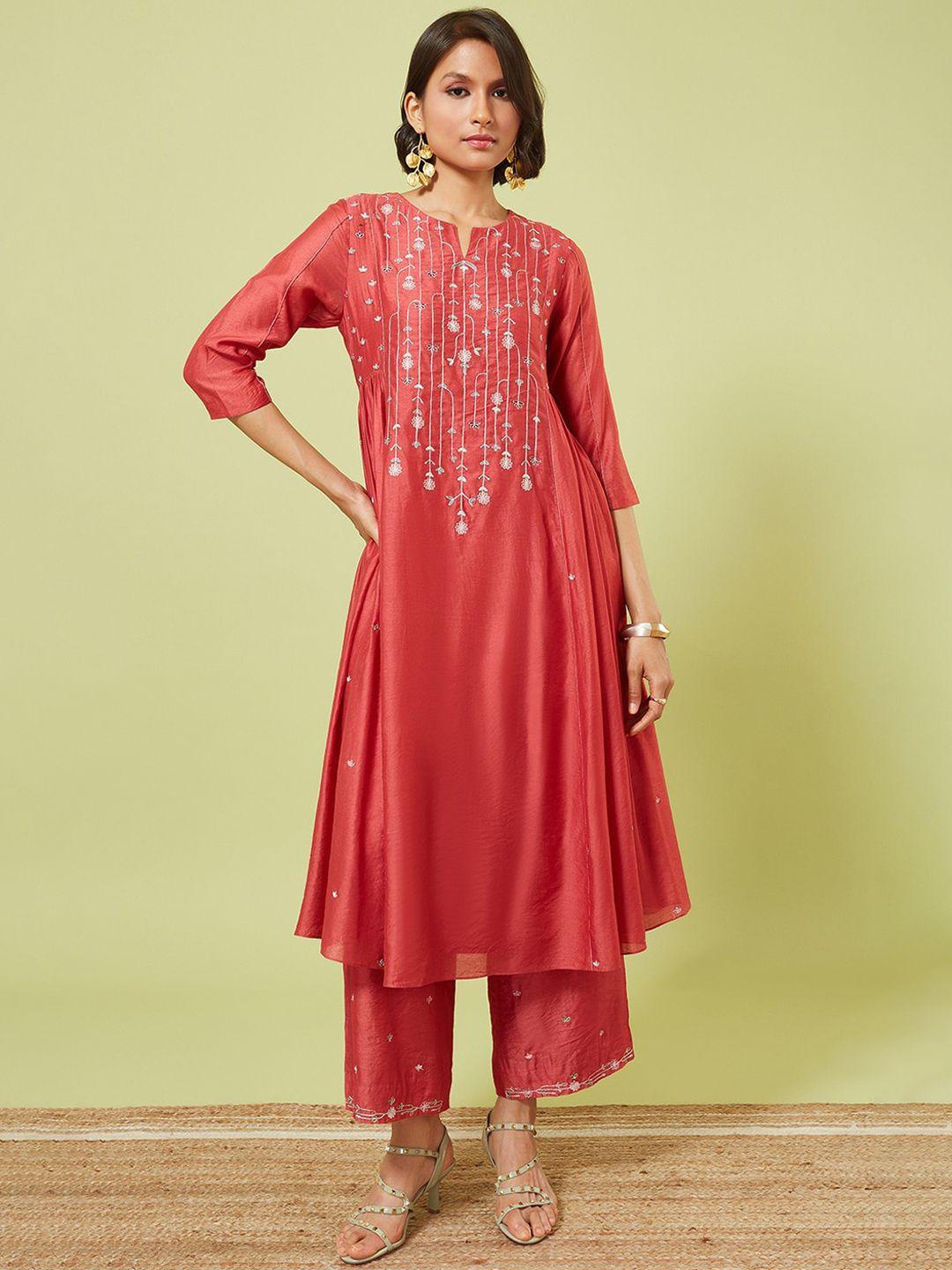 marigold lane floral embroidered regular chanderi silk kurta with trousers & with dupatta