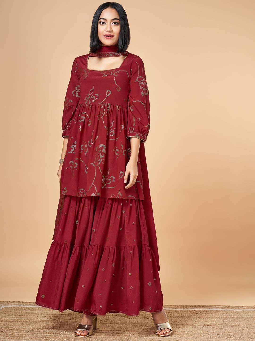 marigold lane floral embroidered sequinned detail a-line kurta & sharara with dupatta