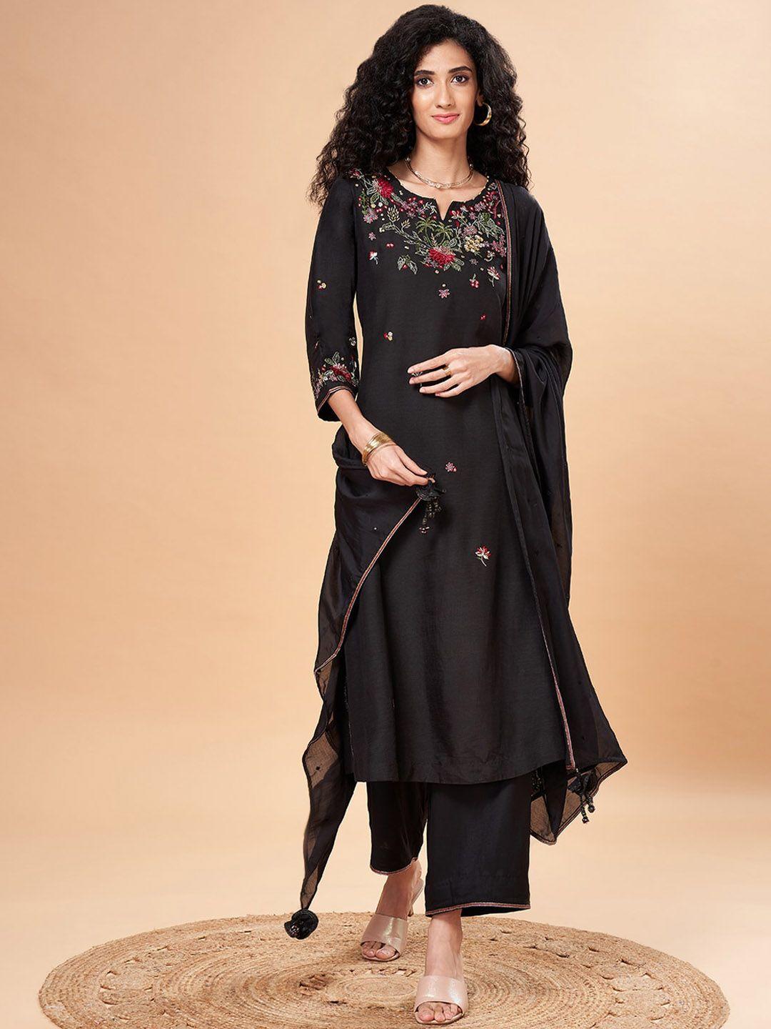 marigold lane floral embroidered thread work linen kurta with trousers & with dupatta