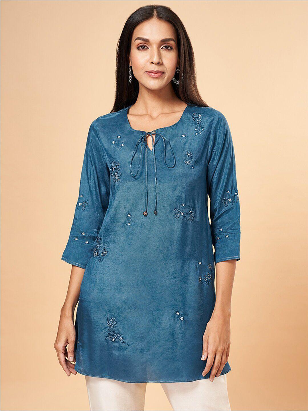 marigold lane floral embroidered tie-up neck tunic