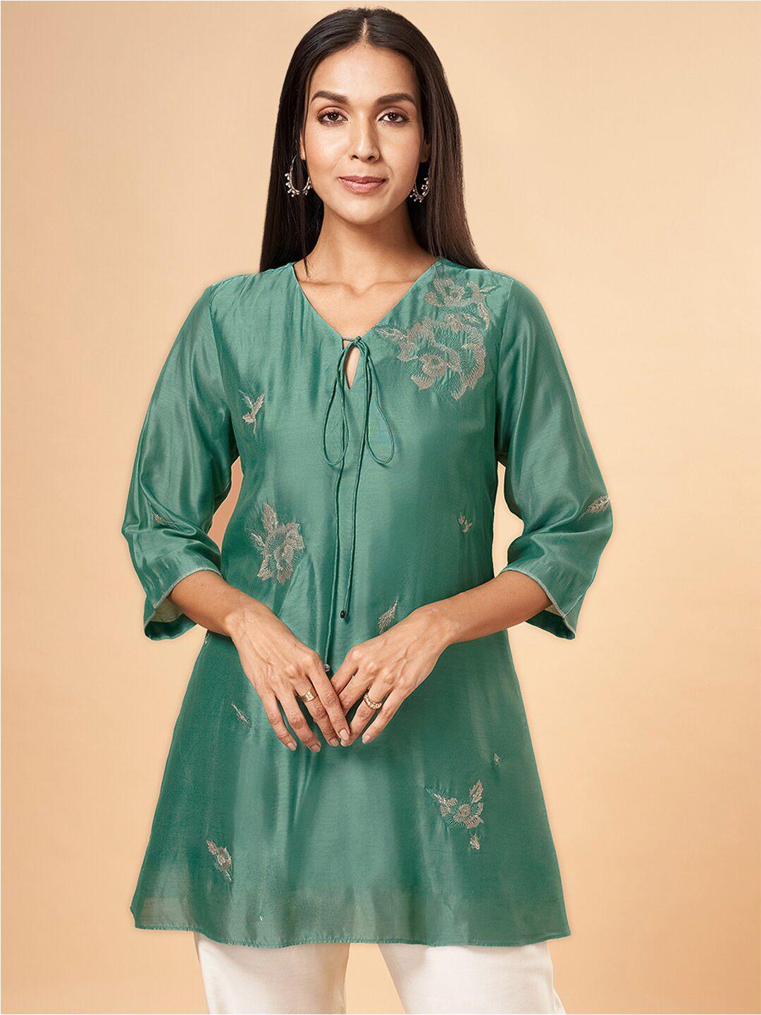 marigold lane floral embroidered tie-up neck tunic