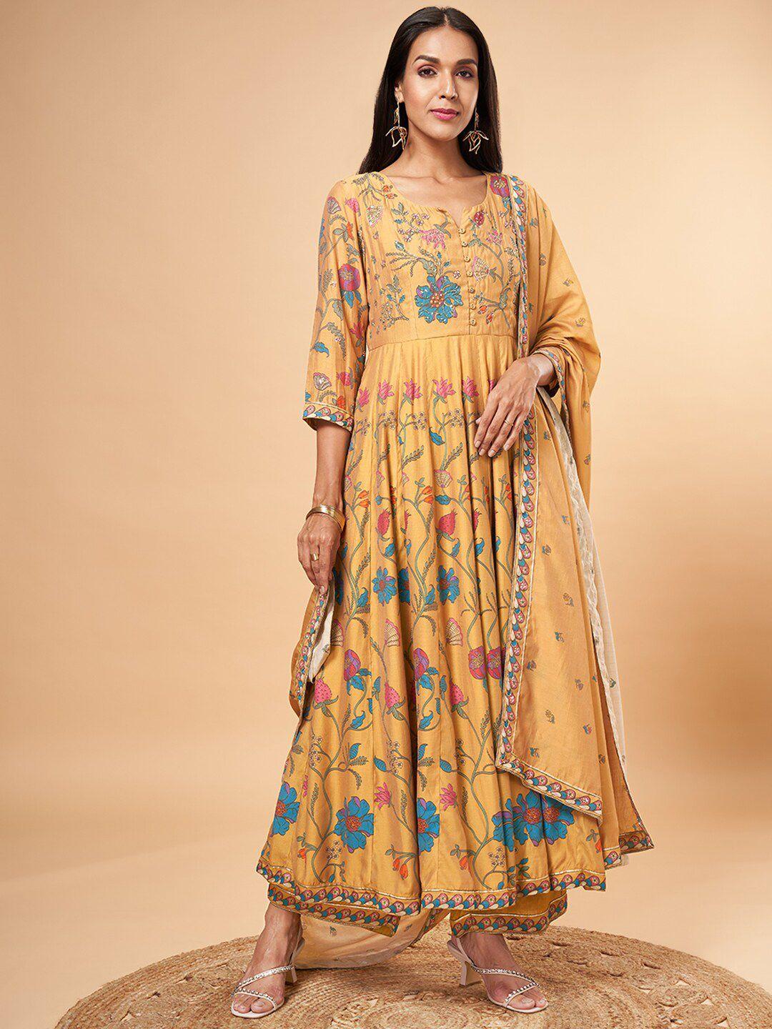 marigold lane floral printed chanderi silk kurta & palazzos with dupatta