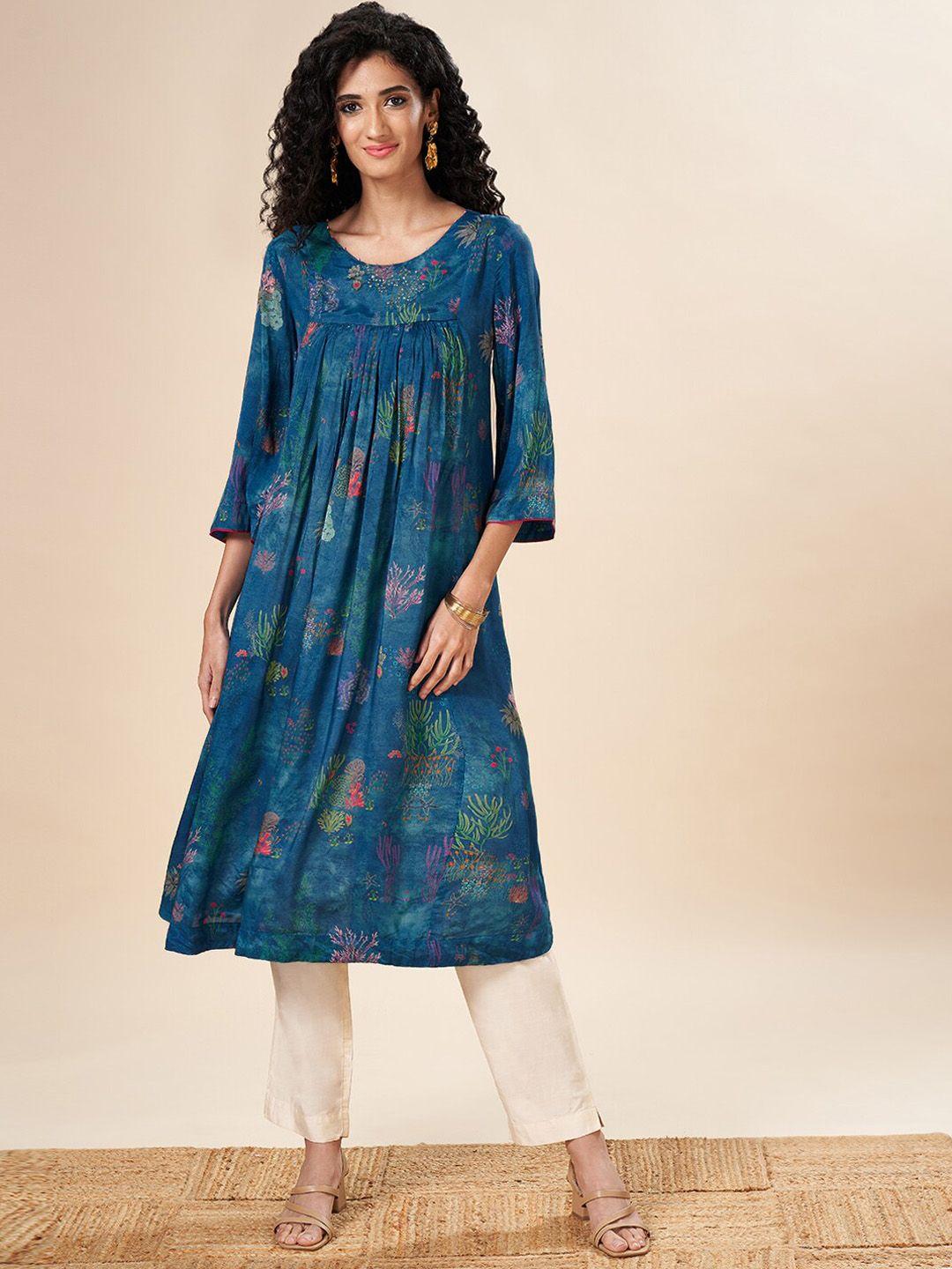 marigold lane floral printed pleated anarkali silk kurta