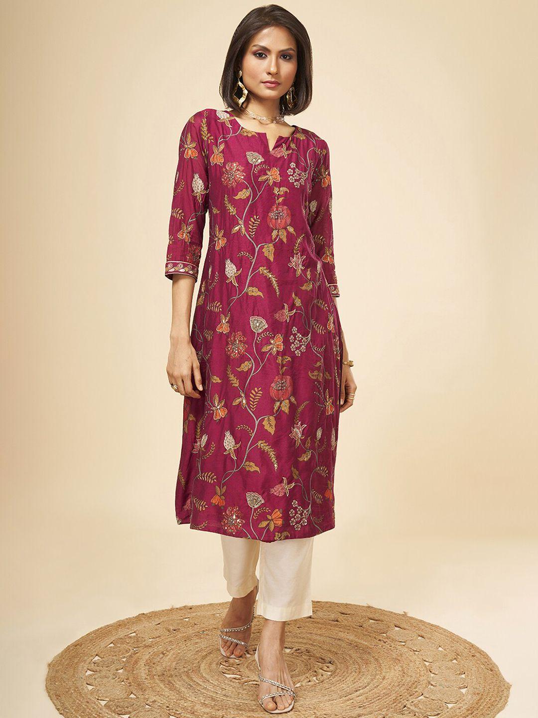 marigold lane floral printed sequined chanderi silk kurta