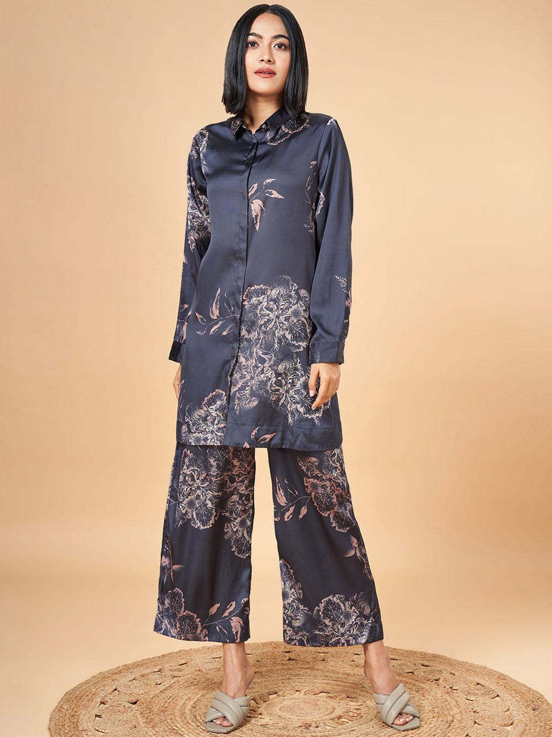 marigold lane floral printed shirt collar satin a-line kurta with palazzos