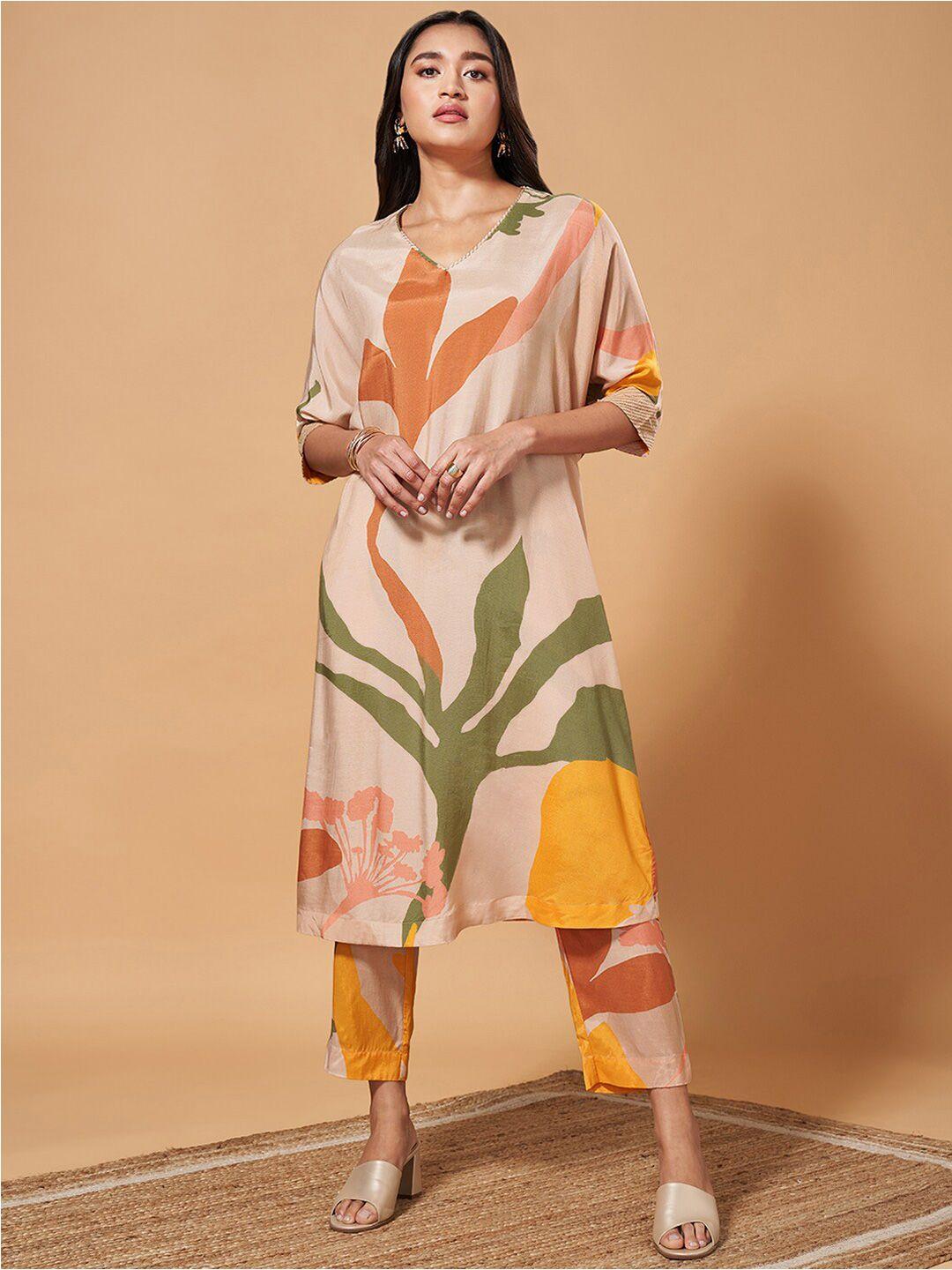 marigold lane floral printed v-neck straight kurta with trousers