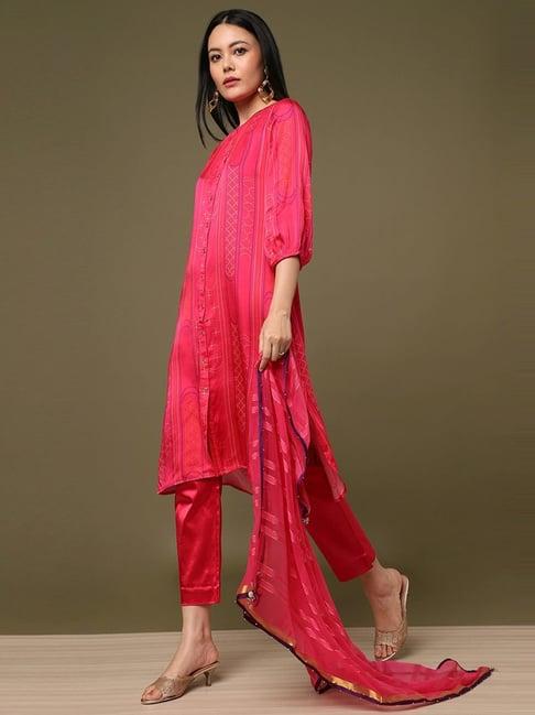 marigold lane fuchsia printed kurta pant set with scarf