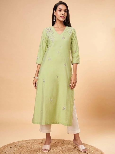 marigold lane green embroidered straight kurta