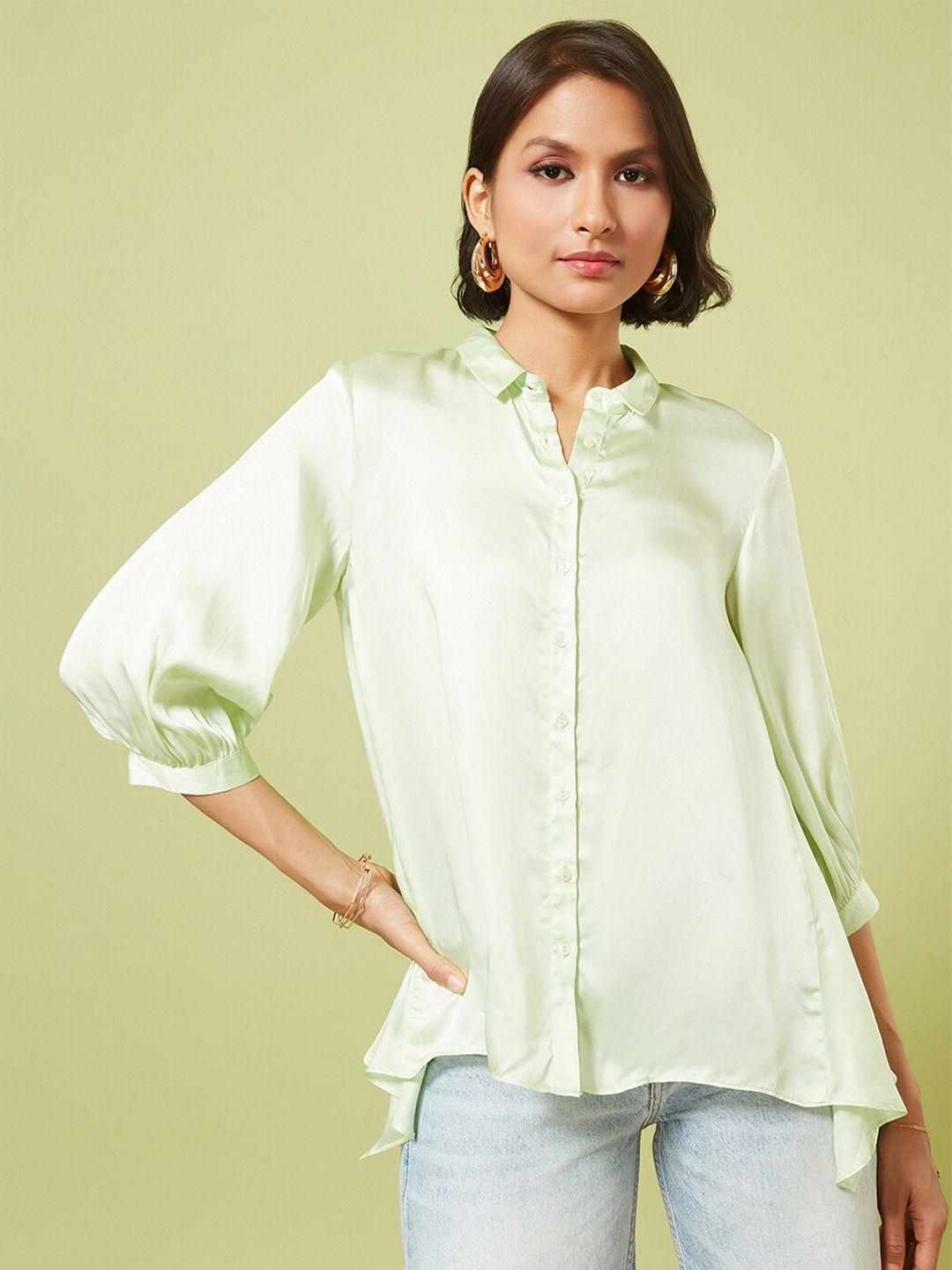 marigold lane green puff sleeve cotton shirt style top