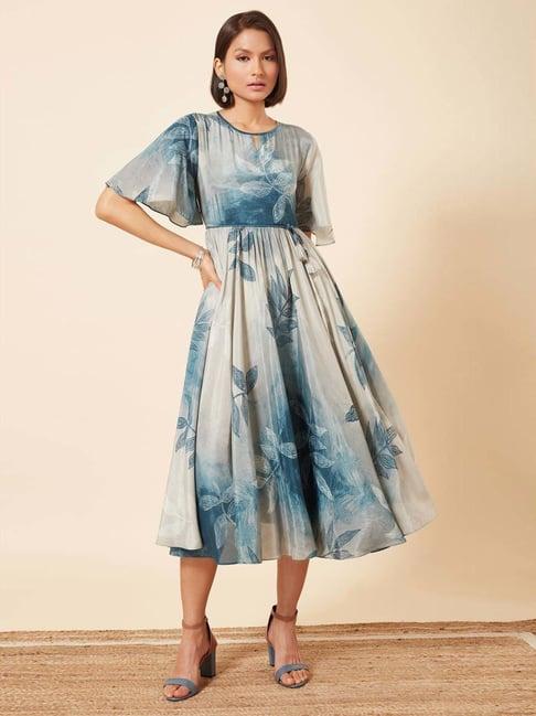 marigold lane grey & blue printed a-line dress